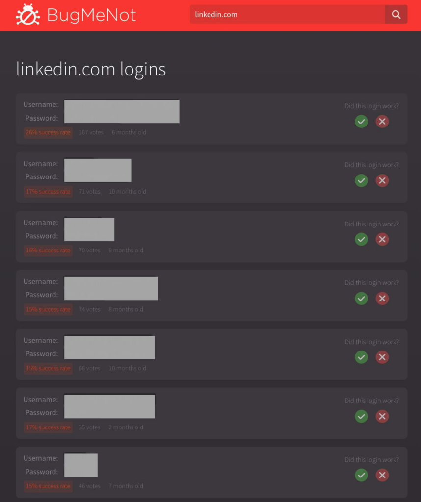 BugMeNot Suchergebnis mit Login-Daten für eine Website, Erfolgsrate und Nutzerbewertung